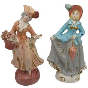 Pair 1940s Occupied Japan fashion lady porcelain figurines vintage antique